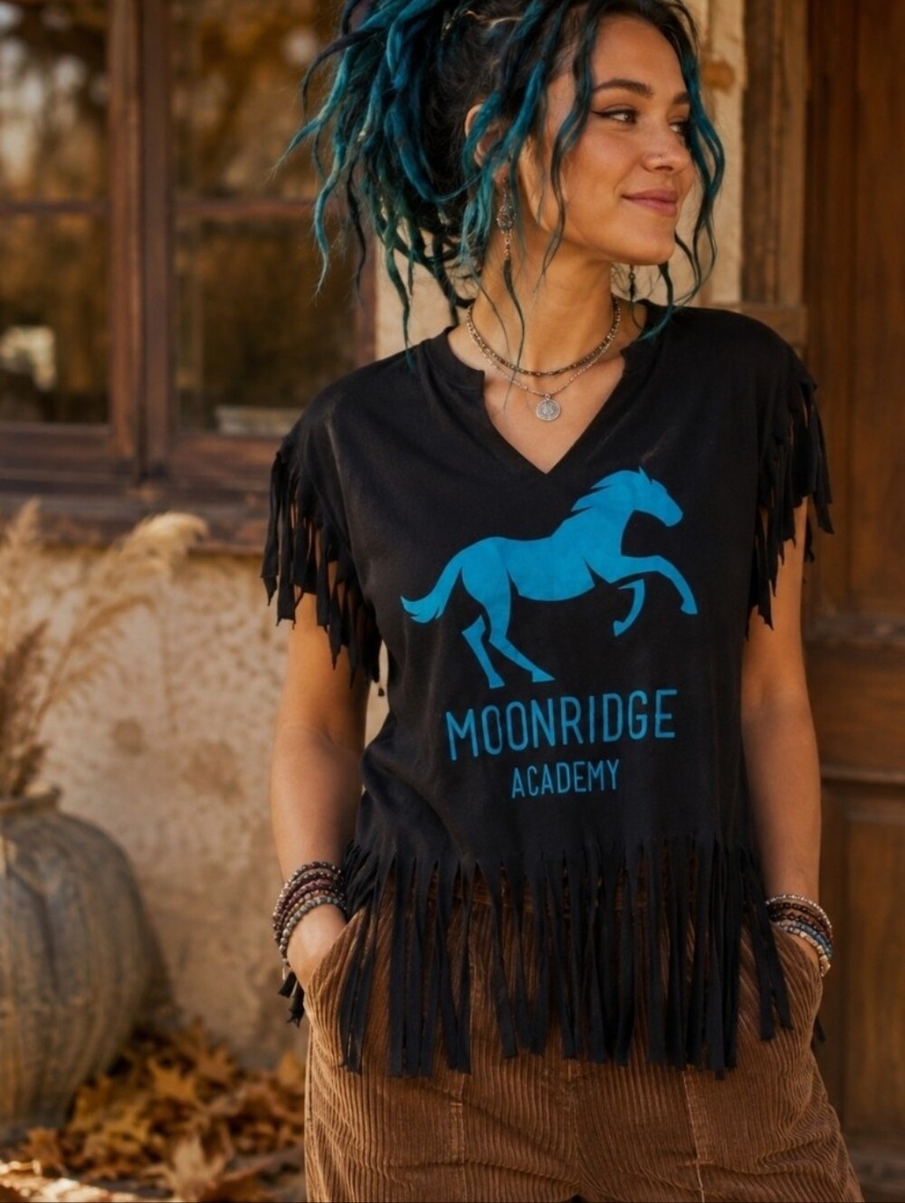 4/$15 Moon ridge Academy Black Fringe T-Shirt Graphic Tee Size S Women's Western